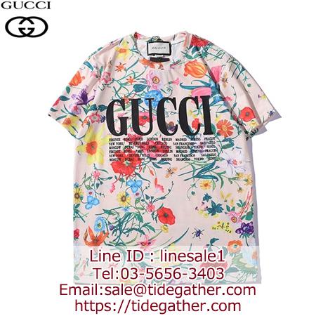 Gucci 英字ロゴ花プリント丸襟Tシャツ